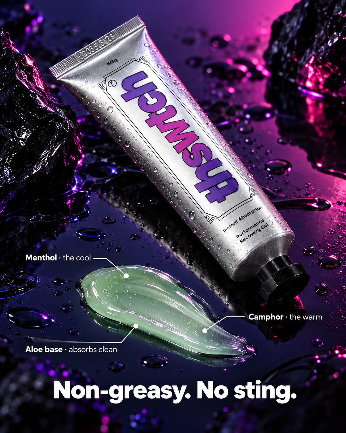 Gel swatch: menthol the cool, camphor the warm, aloe base absorbs clean. Non-greasy, no sting.